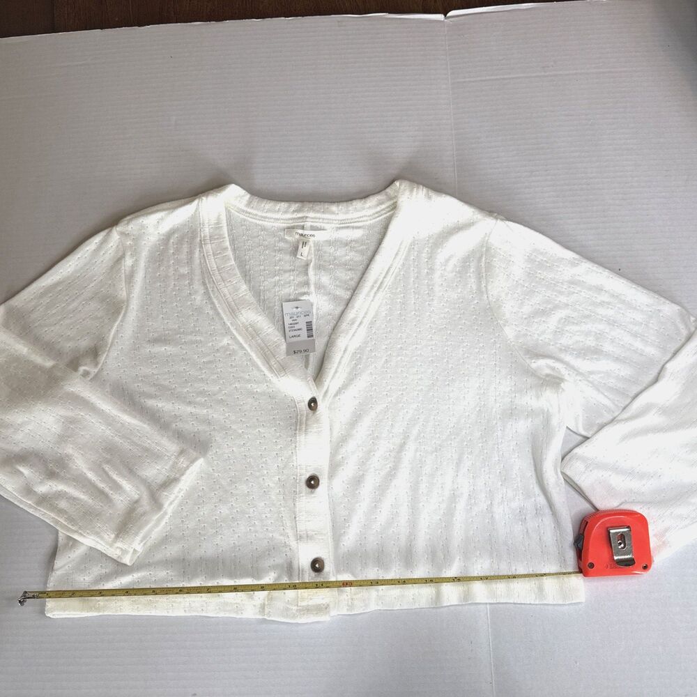 New Maurices Womens Cropped Cardigan Cream Pointelle Ribbed V-Neck Button Large